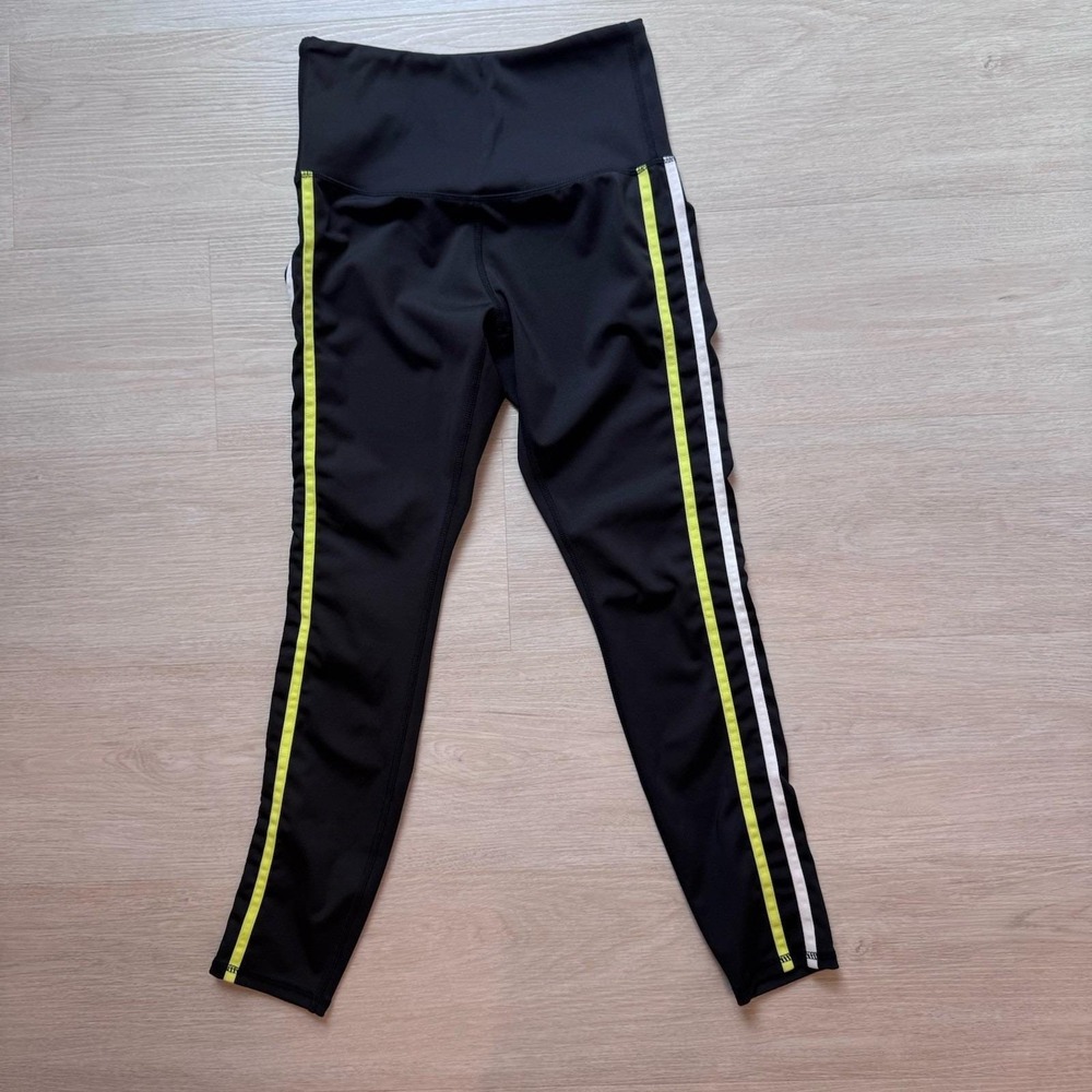 Move Technology Black Leggings Neon Green Stripe High Rise Womens Small